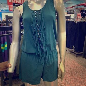 BCBGMaxAzria Pants - BCBG green fringe romper 100% silk BCBGMaxAzria Pants - BCBG green fringe romper 100% silk
